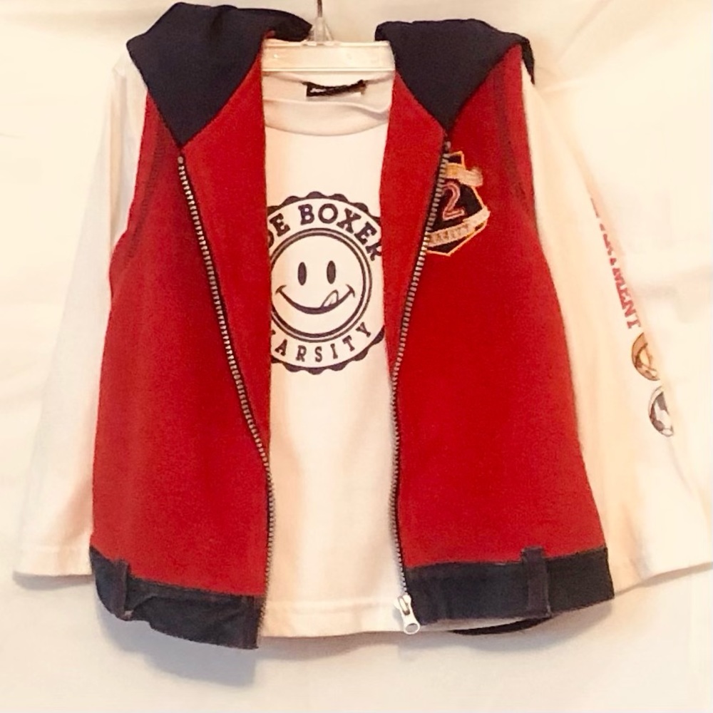 Joe Boxer Varsity Boys White Long-sleeved T Shirt with Red Zippered Vest Hoodie
